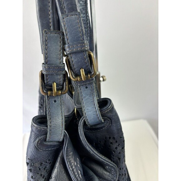 Italian Shoulder Bag Navy Blue Laser Cut Roomy Crossbody Divided Adjustable - Picture 10 of 14